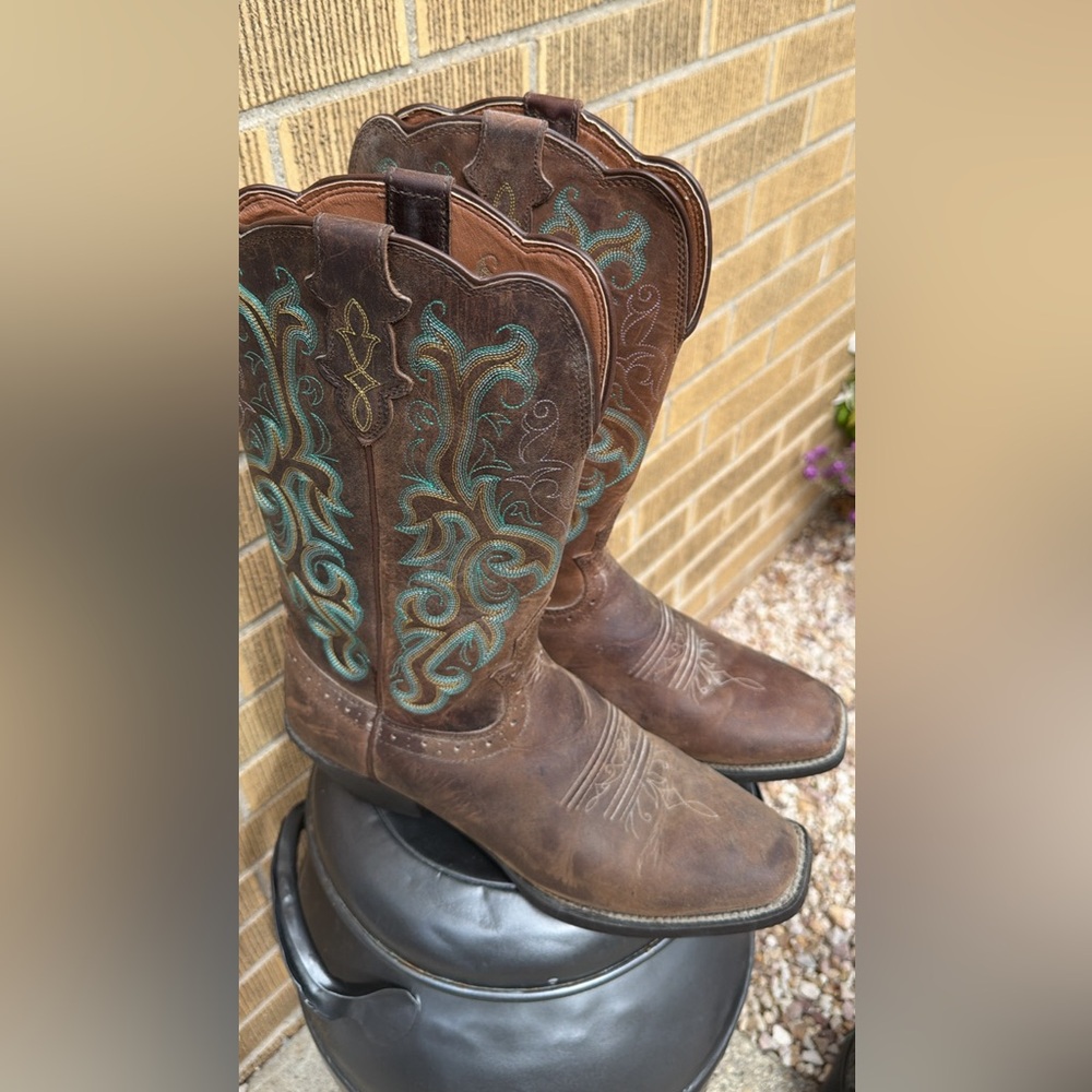 “Justin Brand” Brown and Teal Women's Cowboy Boots